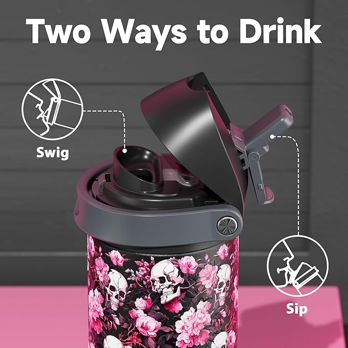24 oz Insulated Water Bottle with Straw: Meoky Stainless Steel Water Bottle with Straw and Spout Lid - Leak Proof, Cold for 24 Hours, Fits in Car Cup Holder, BPA-Free for Travel Gym, Shadow Bloom