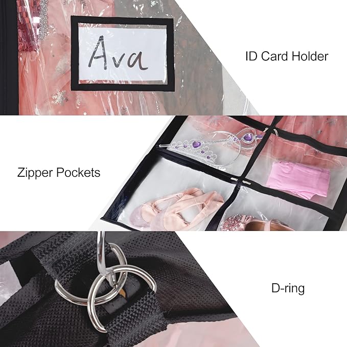 Univivi Clear Black PVC Dance Costume Bags (3 Pack) Garment Bag 40 Inch for Dance Competitions, with 4 Medium Clear Zipper Pockets and 1 Large Back Zippered Pocket [Upgraded Version]