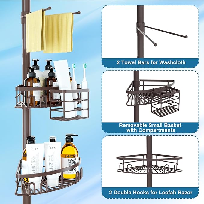 Rustproof Shower Corner Caddy Shelf for Bathroom Tension Pole Organizer with 4 Baskets for Bathtub Shampoo Storage from 23.6 to 114.5 Inch with Towel Bar (Bronze)