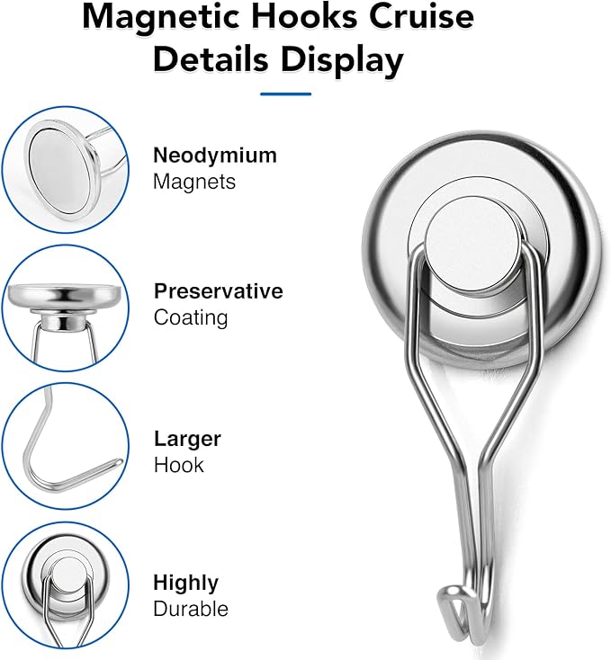 LOVIMAG Hooks, 120lbs+ Magnetic Magnet Hook 2025 Cruise Cabin Ship Essentials Heavy Duty Strong Refrigerator Fridge Hanging for Classroom Beach Vacation Kitchen Grills Home Mug Hanger (8 Pack), Silver