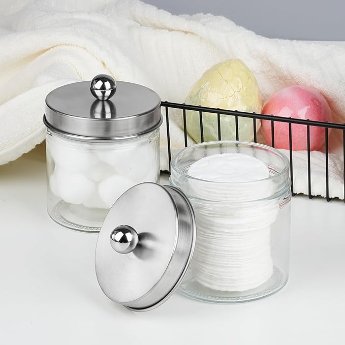 SheeChung Bathroom Organizers and Storage - 3Pack Qtip Holders Bathroom Canister Apothecary Jars for Cotton Swabs, Rounds, Balls, Qtips,Makeup Sponges, Flossers,Bath Salts - Brushed Nickel