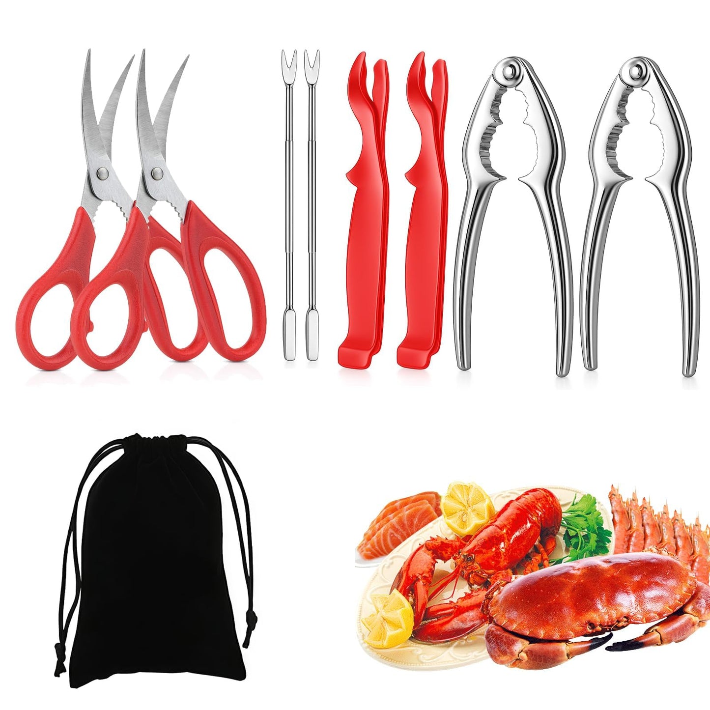 5 PCS Seafood Cracker Tool Set, Including Lobster Sheller, Stainless Steel Crab Crackers, Crab Leg Fork, Scissors and Storage Bag for Seafood Boil Party Supplies, Ideal Gift for Friends