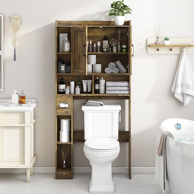 Vabches Over The Toilet Storage Cabinet, Farmhouse Storage Cabinet Over Toilet with Barn Door，Home Space-Saving Toilet Rack for Bathroom, Restroom and Laundry