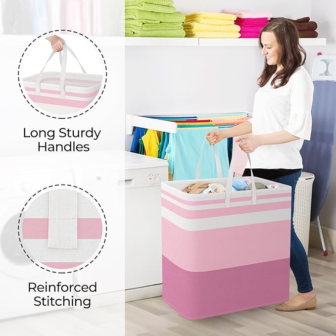 StorageRight Large Collapsible Laundry Basket Hamper with Easy Carry Handles，Freestanding Clothes Hampers for Laundry, Bedroom, Dorm, Towels, Toys, 100L, Pink