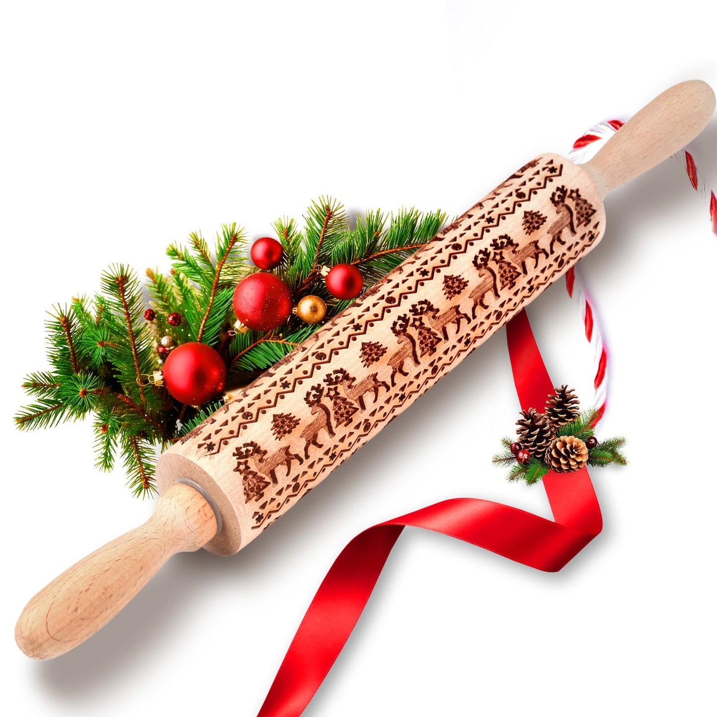 Stocking Stuffers Gifts for Women, Wooden Embossed Rolling Pin for Baking, Deep Engraved Embossing Rolling Pins with Christmas Elk Deer Pattern Designs for Baking Cookies Stamps Roller, DIY Tools