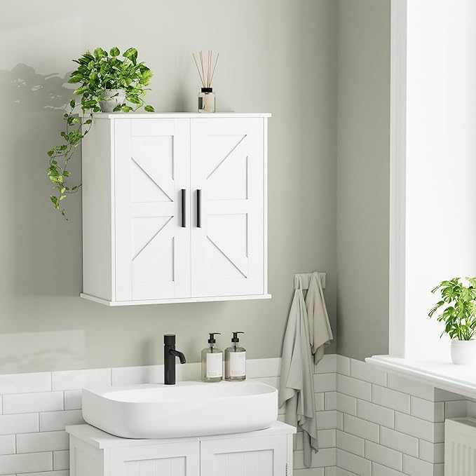 Bathroom Wall Cabinet, Over Toilet Storage Cabinet with Barn Doors and Adjustable Shelves, 3-Tier Medicine Cabinet Wall Mounted, for Bathroom, Kitchen, Entryway, Laundry Room, White, (11.8" D)