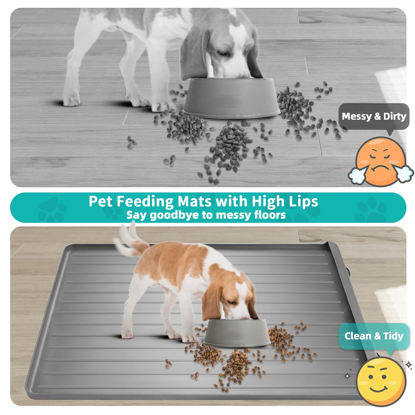 Dog Mat for Food and Water - 39.4" x 27" Large Pet Feeding Mats with Residue Collection Pocket - Waterproof Dog Cat Bowl Mat with High Edges to Prevent Water and Food Spills (Light Grey)