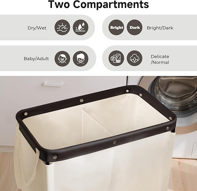 StorageWorks 2 Section Laundry Hamper, Rolling Laundry Cart with Wheels and Handles, Laundry Room Double Sorter for Organizer and Storage, 26.4 Gal(100L), Beige