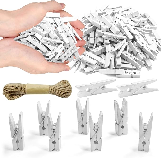 1.35 Inch Mini Clothes Pins for Photo100 Pcs with 32 Feet Jute Twine, Mini Clothes Pins for Crafts, Wooden Small Clothespins for Pictures, Tiny Decorative Clothespins for Baby Shower (White)
