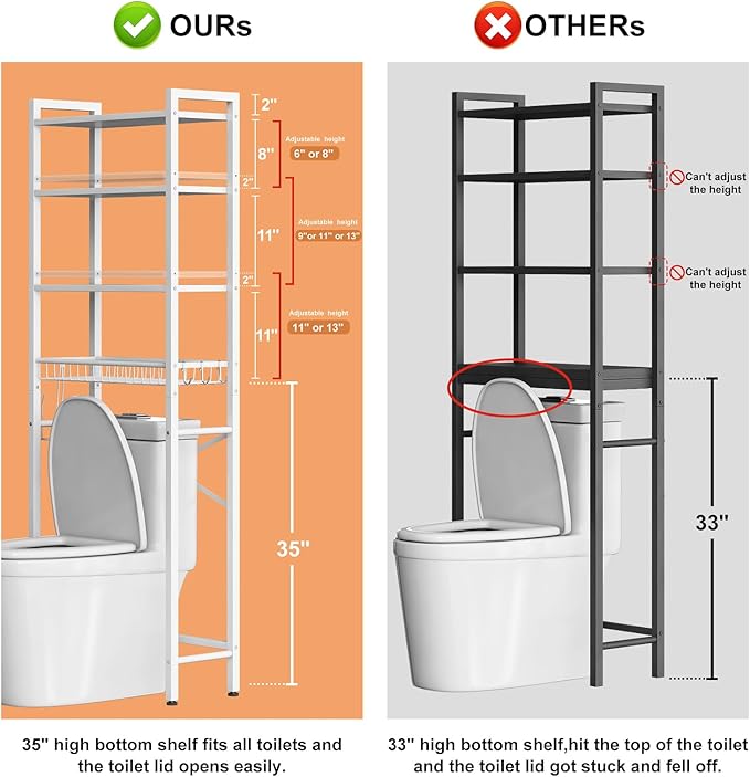 Over-The-Toilet Storage Rack, 4-Tier Bathroom Organizer Shelf Over Toilet with Adjustable Shelf and Basket, Freestanding Space Saver Bathroom Shelves Above Toilet for Room (Pure White)