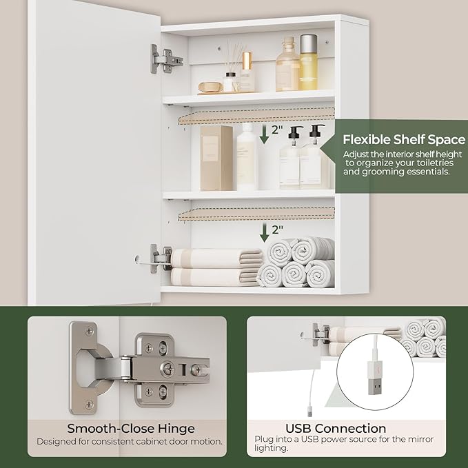LED Lighted Bathroom Medicine Cabinet with Mirror, Bathroom Vanity Mirror with Storage, Wall-Mounted Storage Cabinet with Adjustable Shelves, Touch-Sensitive Control, 3 Color Lighting, White