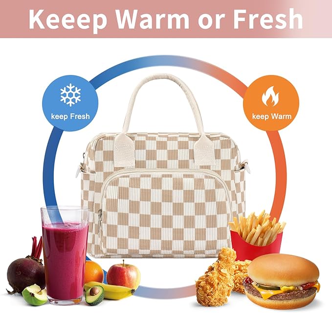 Lunch Bag Women Lunch Box for Women Adult Cute Insulated Lunch Bag Lager Cooler Lunch Tote Bags for Work Picnic (Beige-Brown Plaid)
