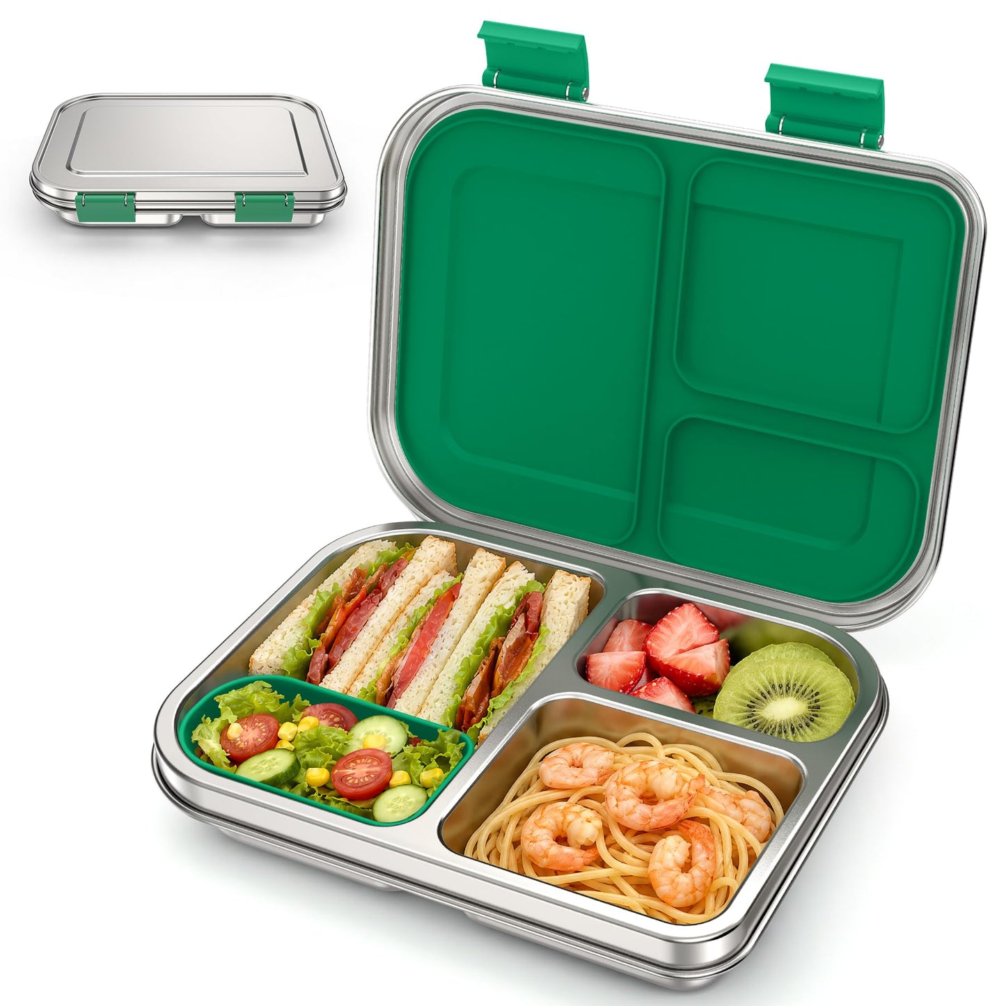 BABHAMNESS Stainless Steel Bento Box Kids, 3 Compartments Leak Proof Metal Bento Lunch Box, 304 Stainless Steel Bento Lunch Containers for School and Office,Dishwasher Safe, BPA-Free-Blue