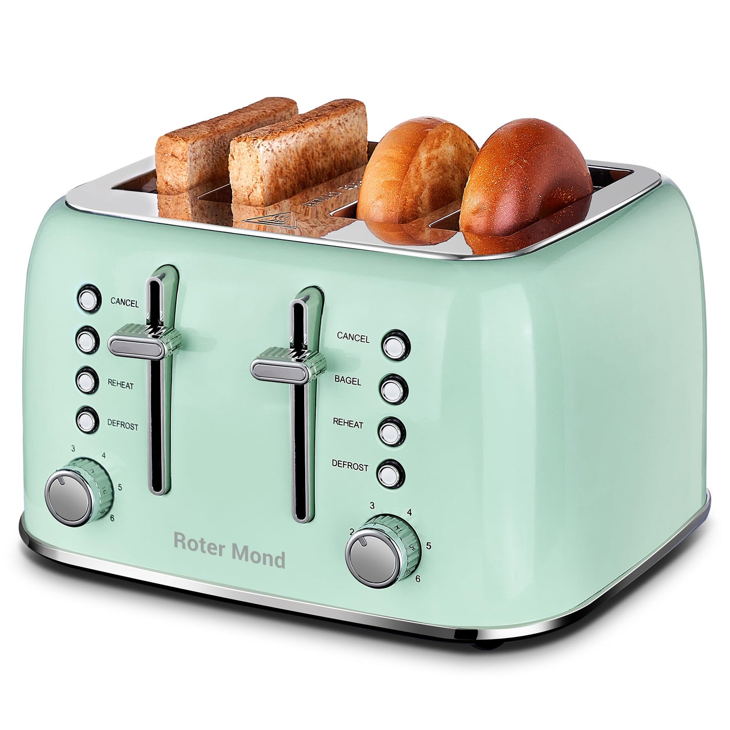Roter Mond Toaster 4 Slice Retro Stainless Steel with Extra Wide Slots Bagel, Defrost, Reheat Function, Dual Independent Control Panel, Removable Crumb Tray, 6 Browning Levels, Cream White