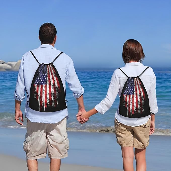 American Flag Drawstring Bag, Patriotic Usa Flag Drawstring Backpack for Women Men, Light Sackpack String Cinch Bag for Sport Gym Beach Shopping Yoga