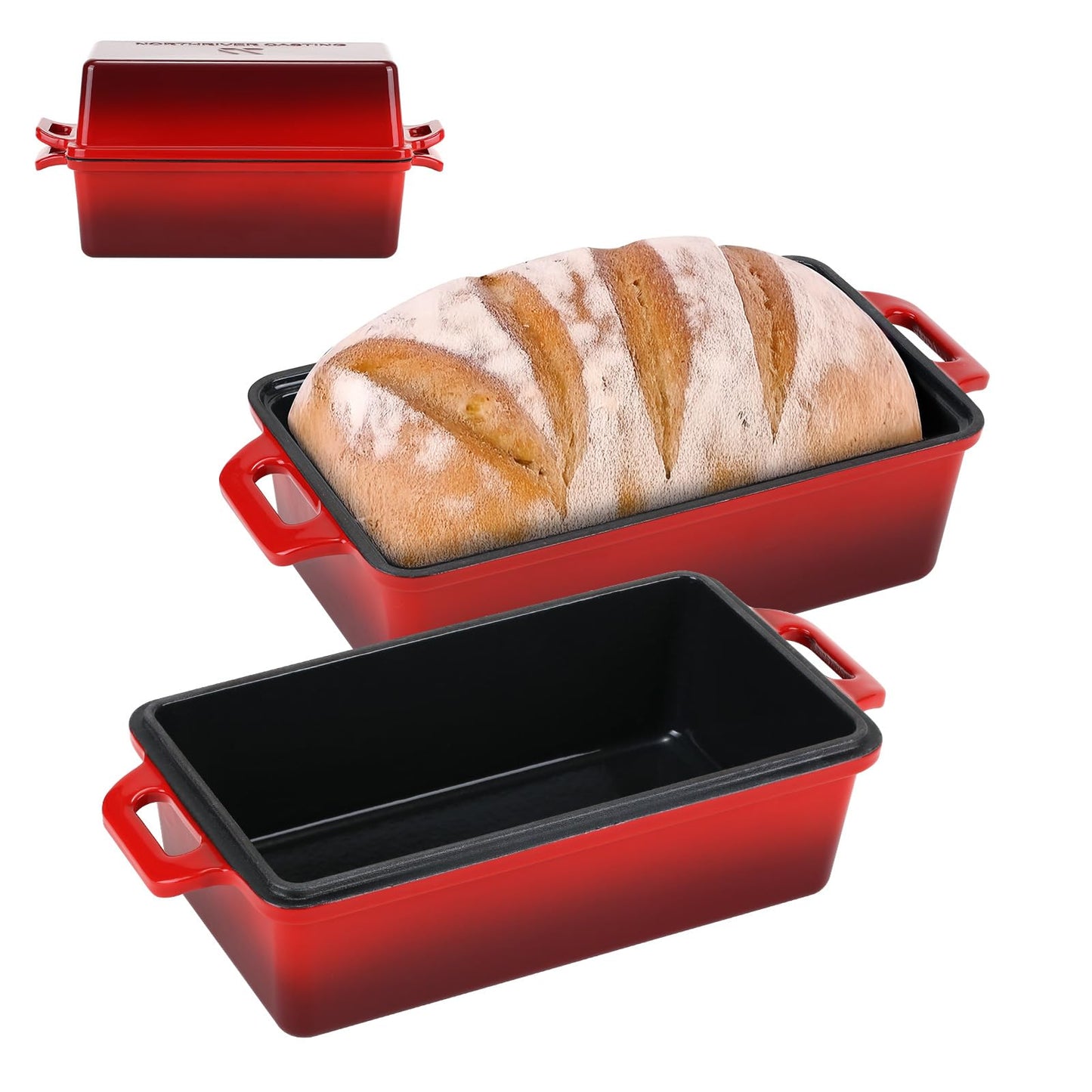 Northriver Casting Enameled Cast Iron Loaf Pan with Lid, Best Bread Oven, Bread Loaf Pans for Baking Homemade Sourdough Bread 9x5, 2 Piece set, Flame