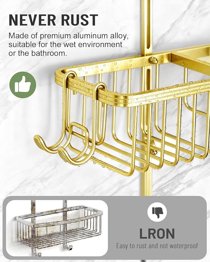 Adjustable Shower Caddy Hanging for Handheld Showerheads - Never Rust Shower Hanging Organizer, Upgraded Bathroom Shower Rack with Soap Basket, Hooks and Toothbrush Holder (Gold)