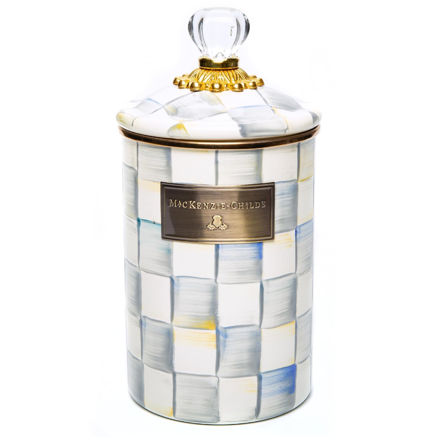 MACKENZIE-CHILDS Enamel Canister, Large, Blue-and-White Royal Check