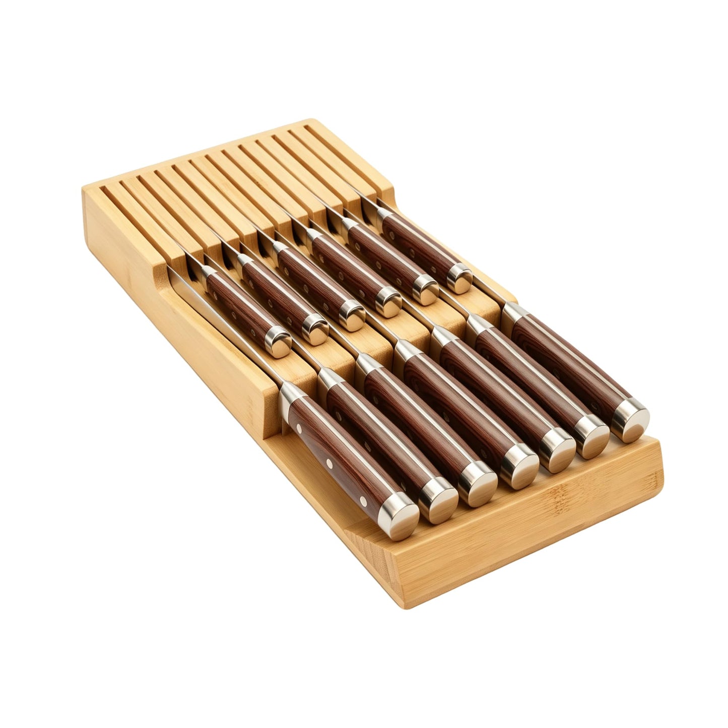 WenCraft Bamboo Kitchen Drawer Knife Holder, In-drawer Knife Block, Knife Drawer Organizer fit for 16 knives and 1 steel sharpening