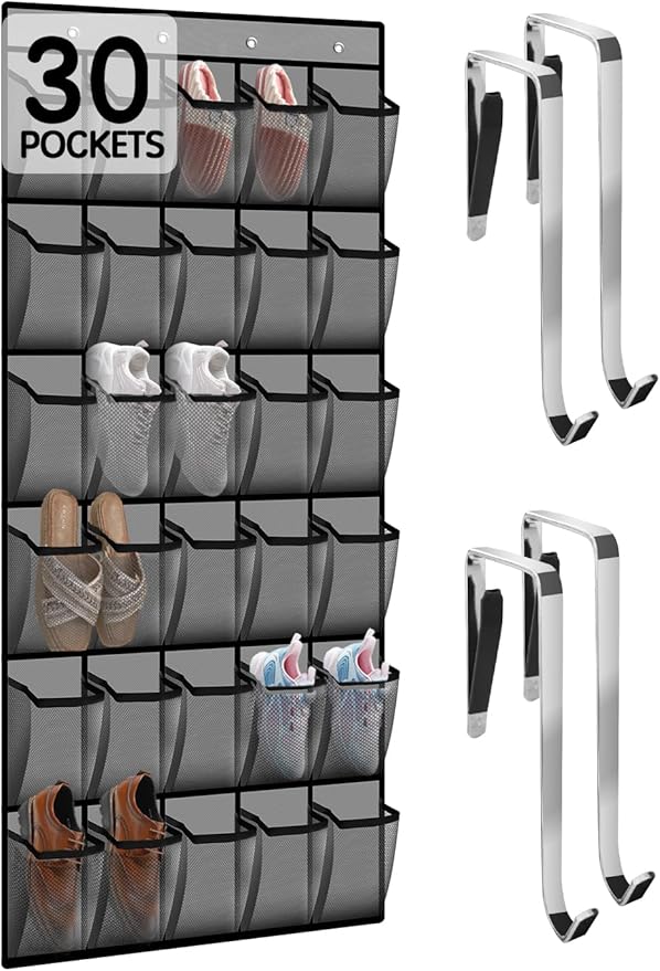 Over the Door Shoe Organizer with 30 Breathable Mesh Pockets - Large Capacity Closet Storage for Men & Women, Hanging Shoe Rack Organizer (Gray)