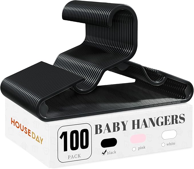 HOUSE DAY Baby Hangers 100 Pack - Durable Plastic Infant & Kids Clothes Hangers, Thin Compact Space-Saving Design for Nursery/Children's Closet, Toddler Small Hangers Black (Infant/Baby/Toddler/Kids)