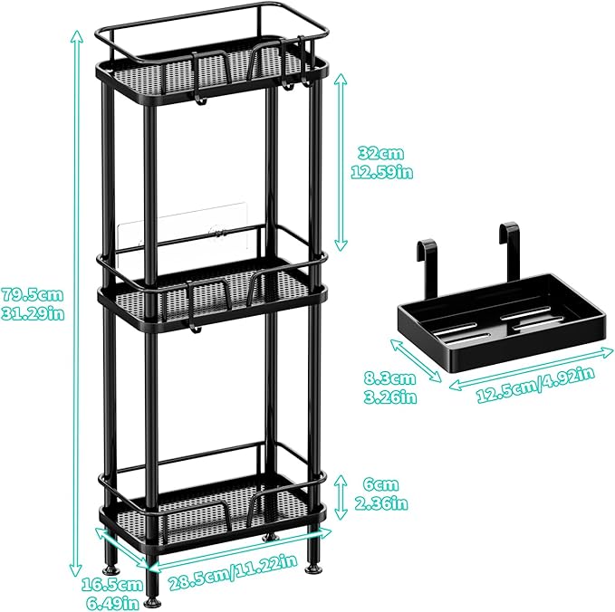 HapiRm Standing Corner Shower Caddy - 3 Tier Corner Shower Organizer with Soap Holder, Rustproof Stainless Steel Bathroom Shelf with 4 Hooks, Black