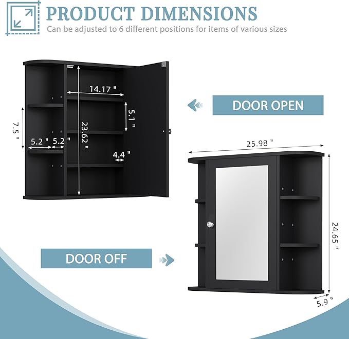 Shintenchi Bathroom Wall Cabinet with Mirror, Mounted Medicine Cabinets with 4 Internal and 6 Open Shelves, Mirrored Door Over The Toilet Storage, Black