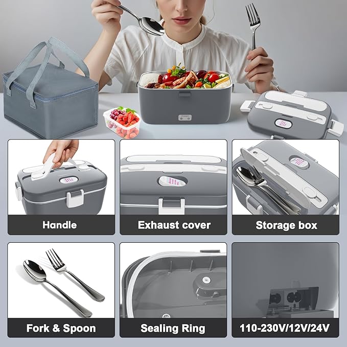 DUPASU Electric Lunch Box Food Warmer: 100W Heated Lunch Box for Adults, 1.8L Portable Fast Heating Lunchbox Food Heater for Car, Truck, Work, Travel, Lonchera Elctrica Porttil 12/24V/110-230V