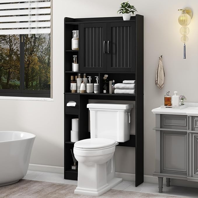 Vabches Over The Toilet Storage Cabinet, Farmhouse Storage Cabinet Over Toilet with Barn Door, Home Space-Saving Toilet Rack, for Bathroom, Restroom, Laundry（Black）.