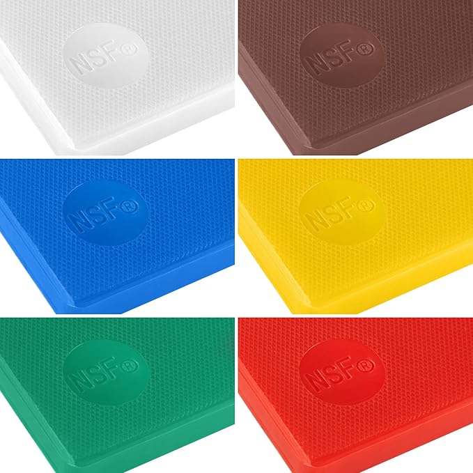 CURTA 6-Piece NSF 20" x 14" x 1/2" Multi-Colored Flexible Cutting Board Kit with Stainless steel Storage Rack, Color Coded Plastic Chopping Board with Anti Slip Surface Dishwasher Safe