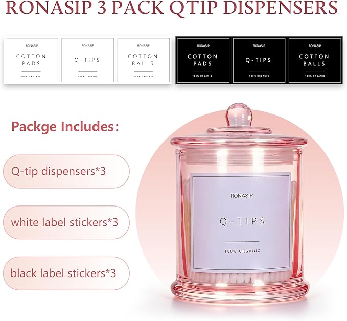 3 Pack Qtip Holder Dispenser, 16oz Bathroom Organizer and Storage Canisters, glass vanity organizer with lid - Home Decor, Room Decor Aesthetic (Pink)