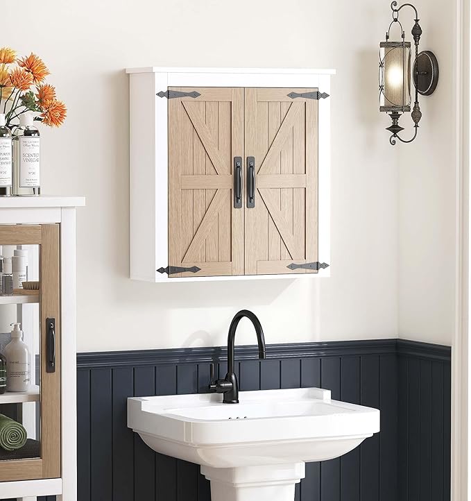 Spirich Bathroom Wall Cabinet Over Toilet, Farmhouse Wall Mounted Medicine Cabinet Organizer with Wood Grain Barn Doors and Adjustable Shelves