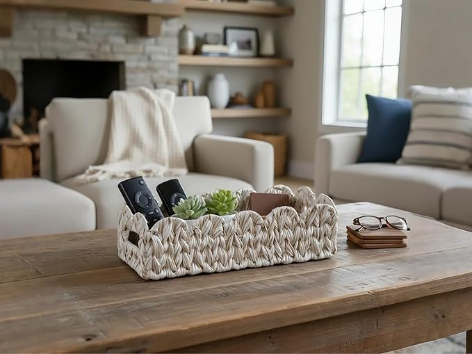 Toilet Basket,Set of 2 Scalloped Baskets for Paper Storage,Back of Toilet Tank Basket for Shelves,Countertop,Tank Topper,White,Rectangle