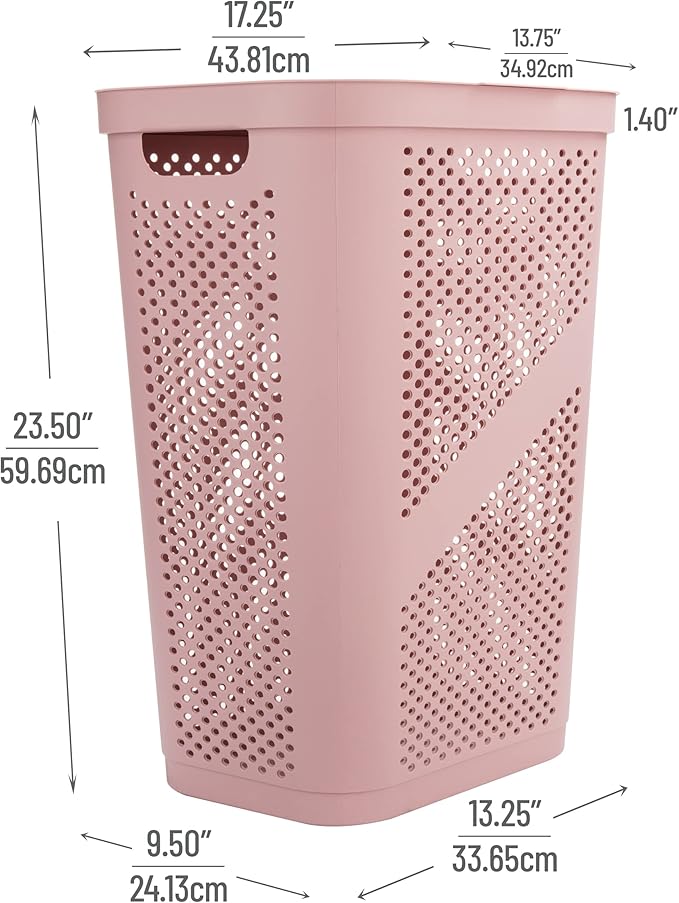 Mind Reader Slim Laundry Hamper with Lid, 60L Clothes Basket, Ventilated Plastic, Pink