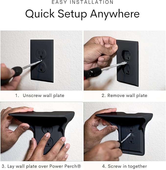 BeraTek Power Perch Wall Outlet Shelf | Declutter & Reclaim Counter Space | Bedroom & Bathroom Organizing Shelves | Alexa Echo Dot Holder, Router Shelf, Holds Electric Toothbrush | Black, 2-Pack