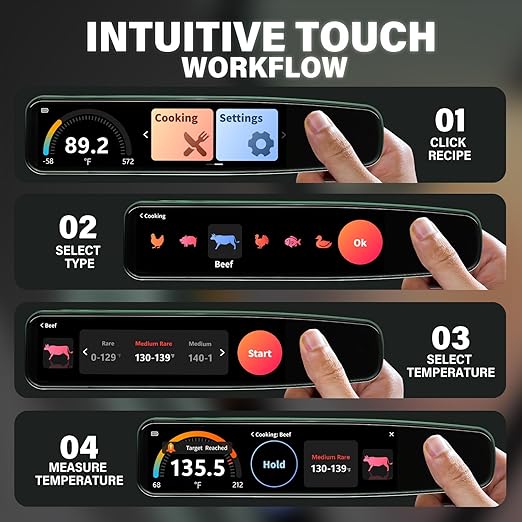 AWLKIM Instant Read Meat Thermometer Digital, 3.8" Touchscreen No App Needed Rechargeable Waterproof Kitchen Food Thermometer Probe for Cooking, Grill, BBQ, Candy, Oil Frying, 0.5F
