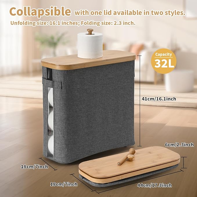 32L Bathroom Toilet Paper Storage Basket with Lid and Handle - Mega Capacity， Bamboo Collapsible Toilet Paper Holder Storage with Non-Slip Bottom, Extra Toilet Roll Storage, Elegant Gray，1 Pack