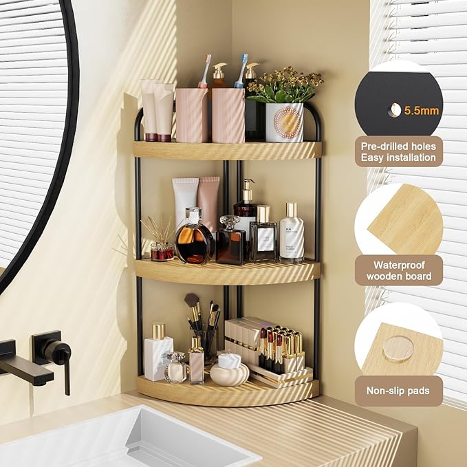 Abiglifty Corner Bathroom Counter Organizer, No Drill 3-Tier Corner Shelf Bathroom Counter, Space-Saving Countertop Organizer, Corner Counter, Vanity Organizers (Wood Grain)