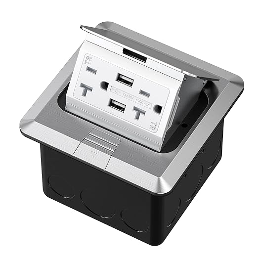 KYHSHJ USB Pop Up Floor Socket Kit with 2 * 20A Receptacle，4.8A 1 USB-A Ports &1 USB-C Port，Corrosive Resistant Hardware,Silver