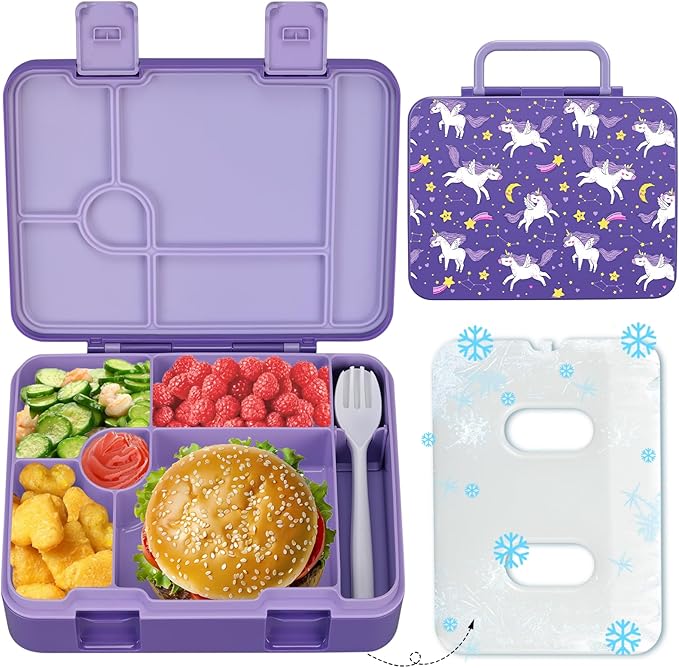 Kids Bento Lunch Box with Ice Pack, 5 Compartments Leak-Proof Bento Box with Utensils, 5.5-Cup Capacity for Adults & Ages 8+, BPA Free, Microwave & Dishwasher Safe, Pink