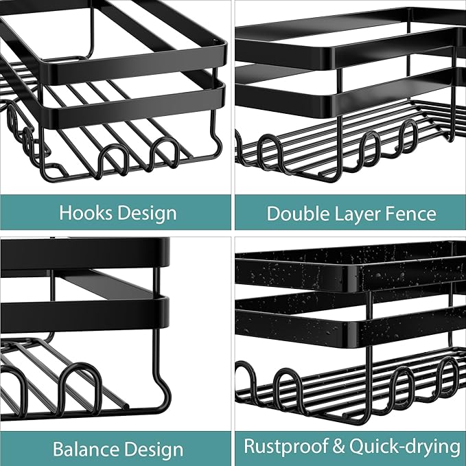 StorageRight 3 Pack Black Corner Shower Caddy with Soap Holder, 2 Large + 1 Soap Holder Style, No Drilling Wall Mount Iron Shower Organizer Shelf with Hooks