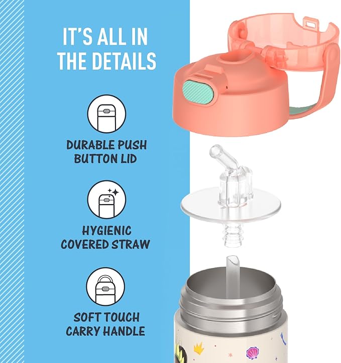 THERMOS FUNTAINER Water Bottle with Straw - 12 Ounce - Kids Stainless Steel Vacuum Insulated Water Bottle with Lid, Princesses