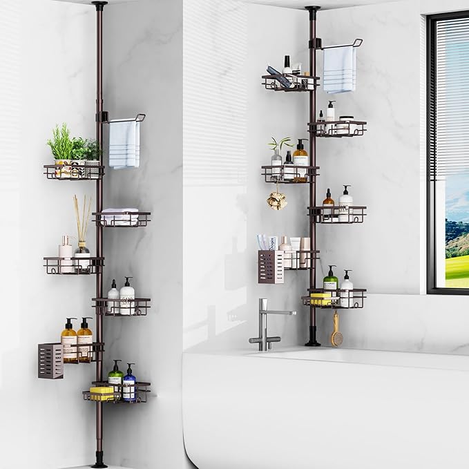 Mixoo Corner Shower Caddy Tension Pole - Adjustable 30 to 120 Inch Shower Organizer with 6 Shelves, Towel Rack, Toothbrush Holder, Soap Dish, Bathroom Corner Storage for Shower, Bathtub (Bronze)