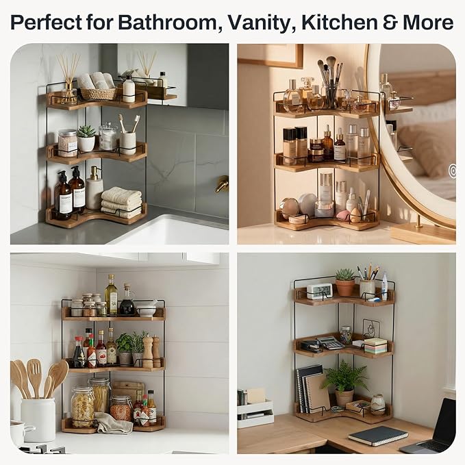 3-Tier Bathroom Counter Organizer, Wooden Corner Shelf for Vanity Countertop Skincare & Makeup, Storage and Organization for Kitchen