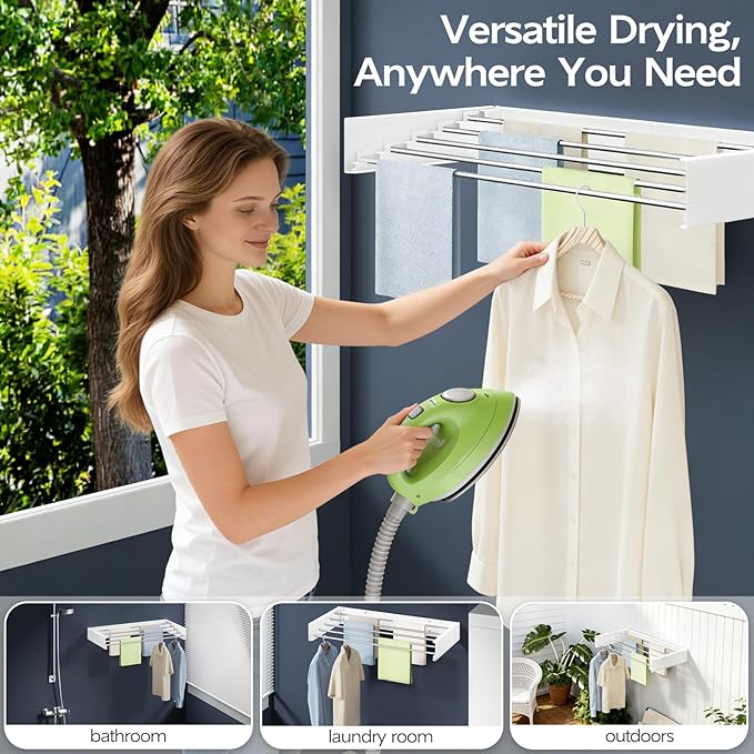 Wall Mounted Foldable Clothes Drying Rack, 32-Inch Wide, 5 Stainless Steel Rods, Space-Saving Laundry Drying Rack with Wall Template, White
