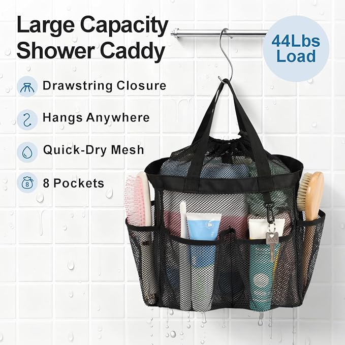 F-color Mesh Shower Caddy Portable with Drawstring - Large 8 Pockets Dorm Room Essentials for Guys Girls with S Hook, Shower Bag Basket Tote for College Camping Gym Travel Toiletry Bathroom, Black