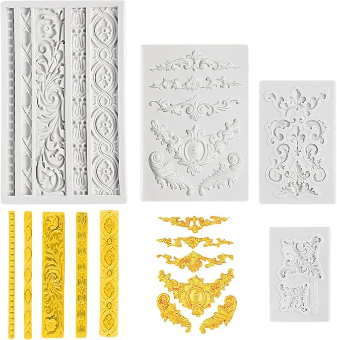 Pofflujent 5 Pcs Baroque Silicone Molds Baroque Style Curlicues Scroll Lace Fondant Silicone Mold Scroll silicone Baroque Mold Relief Flower Lace Mould for Wedding Birthday Cake Decoration