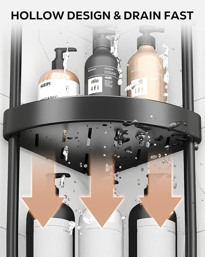 Nieifi Corner Shower Caddy Stand-4 Tier Rustproof Anodized Aluminum Standing Shower Organizer-Shower Caddy Corner-Dual Stability to Anti-Shaking-Height-Adjustable Legs for Uneven Surfaces-Black