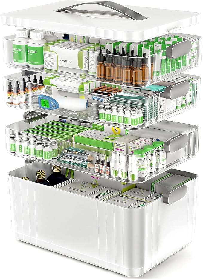 4-Tier Medicine Organizer - Portable Medicine Cabinet with Plastic Handle, Multipurpose Medical Box, Empty First Aid Kit for Home