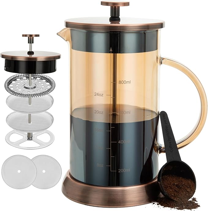 YMMIND 34 Ounce French Press Coffee Maker, 5-Cup Espresso Coffee Maker, Grey Cold Brew Heat Resistant Thickened Borosilicate Coffee Pot with 4 Stainless Steel Filter Screens